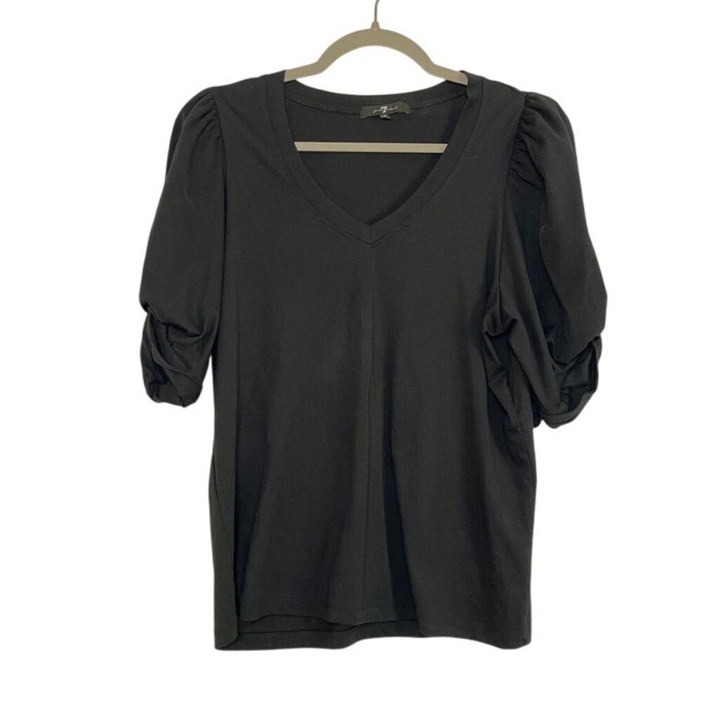 7 For All Mankind Womens Puff Short Sleeve V-Neck Tee Size Medium Black Cotton